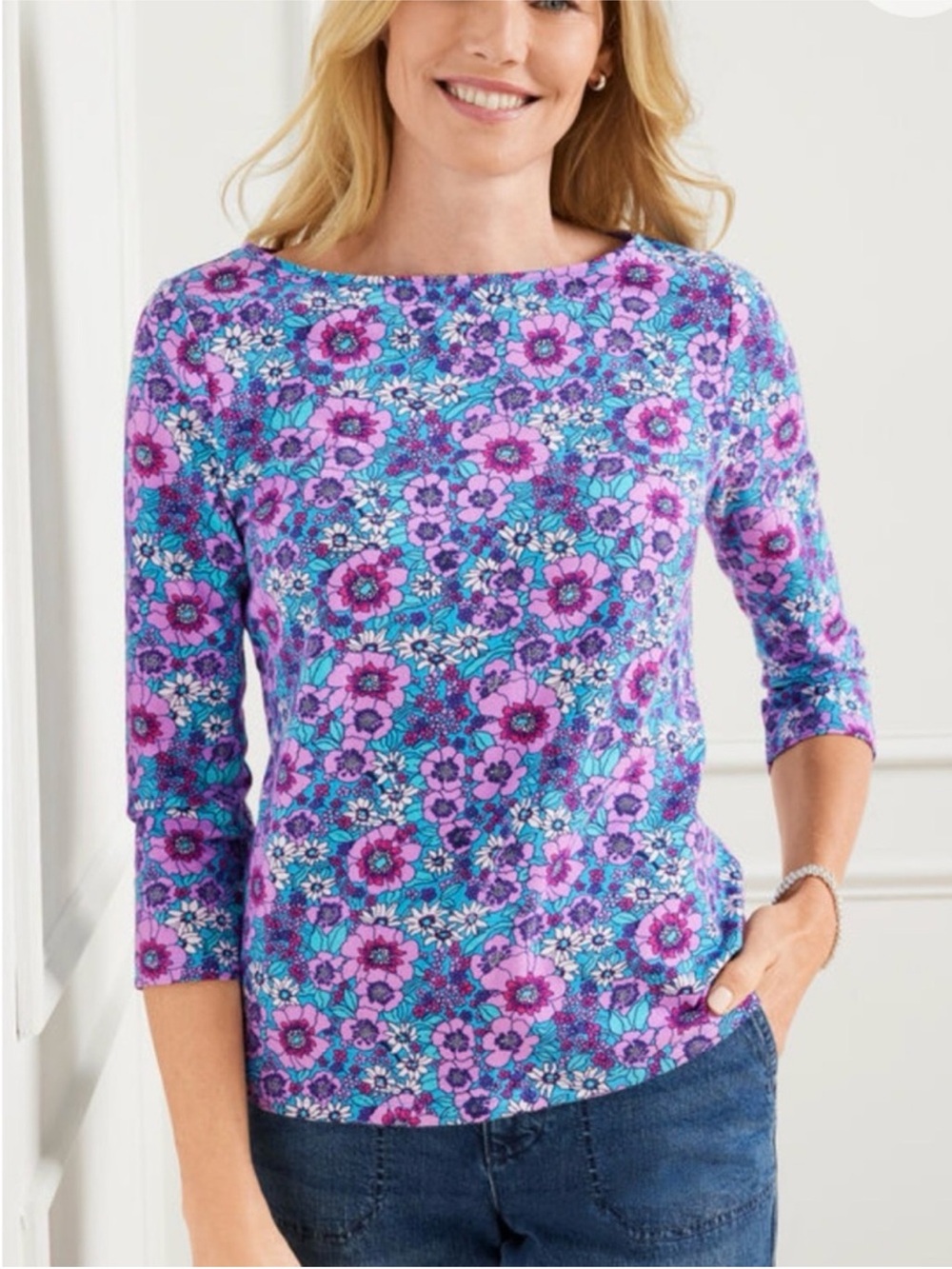 TALBOTS The Talbots Cotton Tee Floral Print 3/4 Sleeve Size S